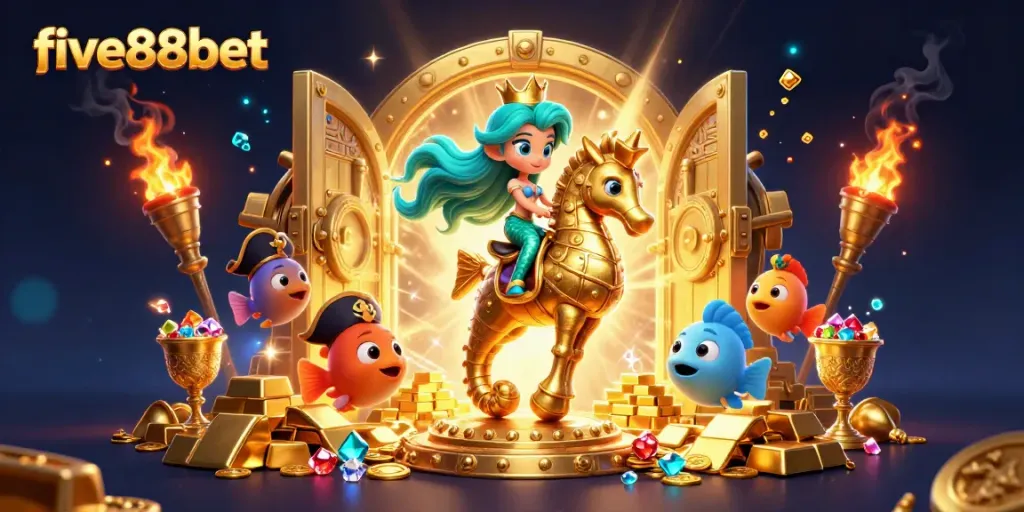 Experience the thrilling slots at five88bet with vibrant treasures and a lively mermaid princess in 3D.
