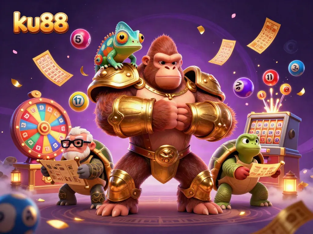 ku88 casino excitement with a gorilla king, chameleon, and tortoise amidst colorful lottery elements.