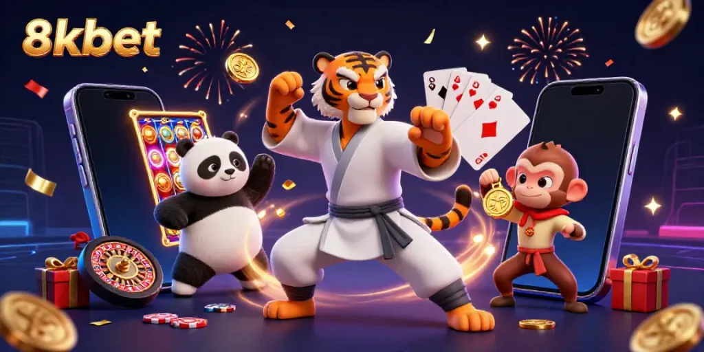 Explore the exciting world of 8kbet as a kung fu tiger master engages in a dynamic casino scene.