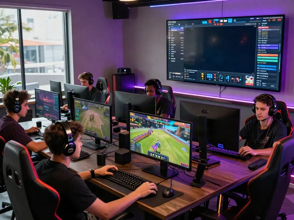 Engaged players enjoying SV88 online gaming experience in a vibrant lounge.