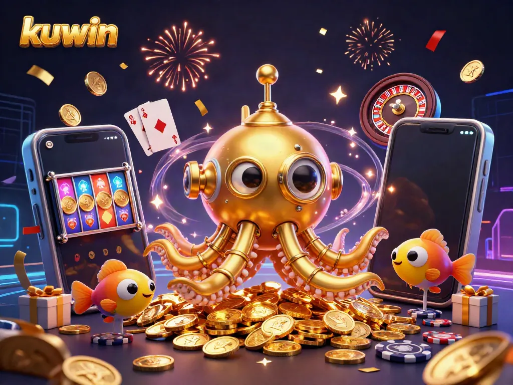 Kuwin offers thrilling gaming by combining a golden kraken submarine and slot games with vibrant colors.