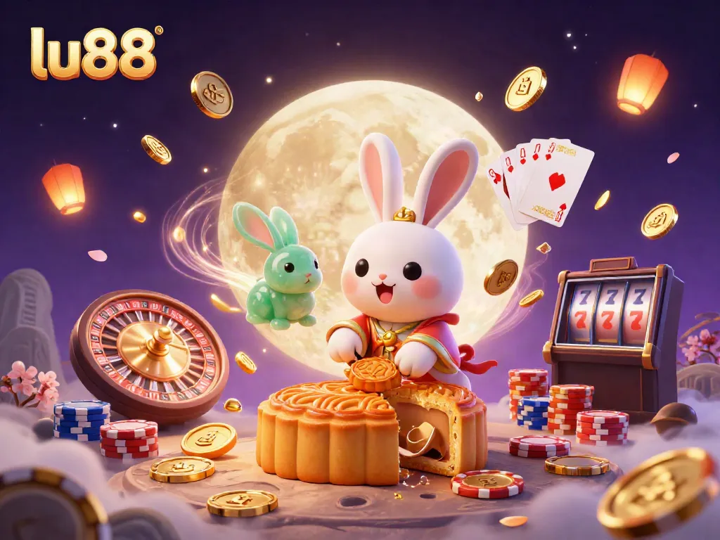 Engage with the fun of lu88 as a moon rabbit reveals poker chips from mooncakes amidst magical casino elements.