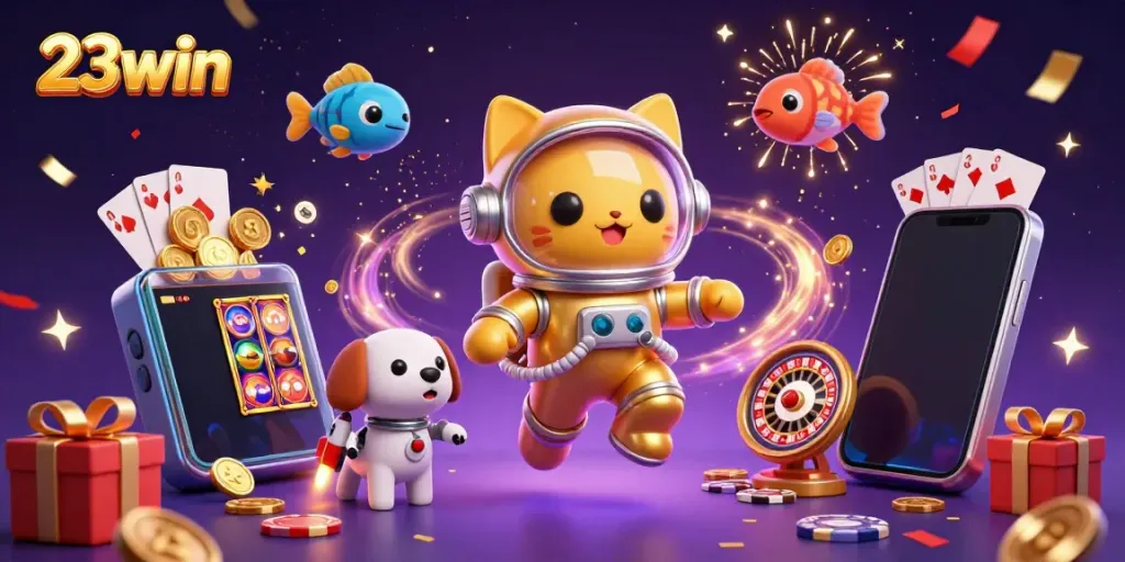 Experience thrilling casino action with 23win in this vibrant cosmic scene featuring a floating astronaut cat.