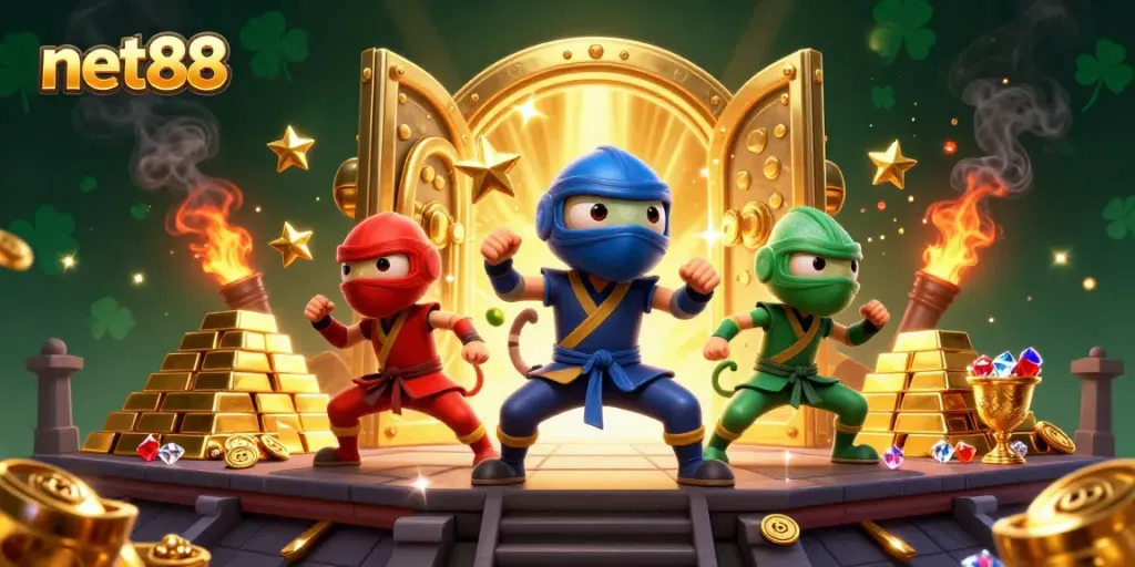 Experience thrilling gaming action with net88, featuring ninja chameleons amidst sparkling treasures and casino elements.