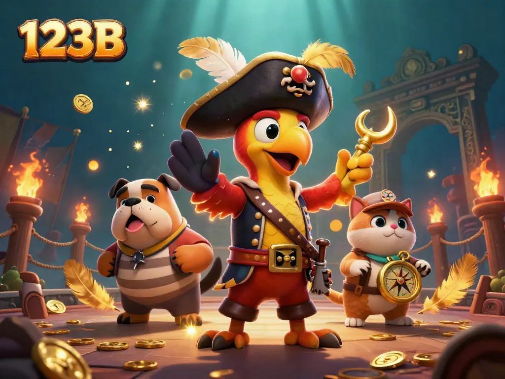 Experience thrilling gameplay at 123B, featuring a pirate captain and friends in a vibrant casino scene.