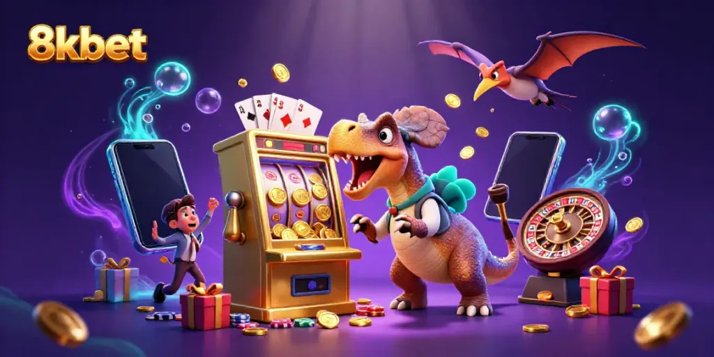 Experience 8kbet's vibrant casino world with a pachycephalosaurus hitting a jackpot!