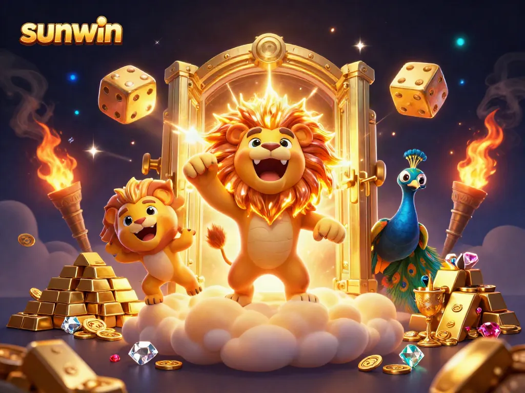 Experience exciting wins at Sunwin with vibrant 3D illustrations of game elements and joyous casino ambiance.