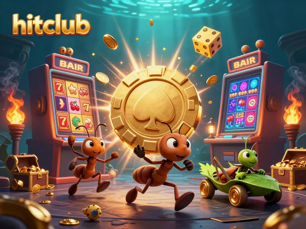 Experience thrilling jackpots at hitclub with a vibrant heist scene of cartoon ants, slot machines, and golden treasures.