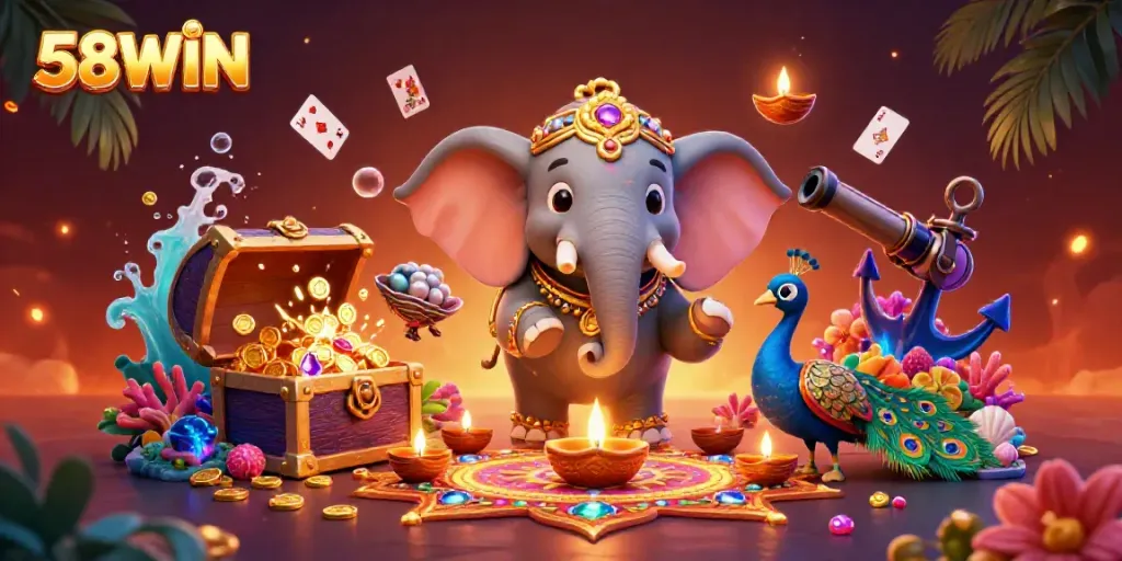 Experience thrilling wins at 58WIN with vibrant casino elements and festive characters in a dynamic scene.
