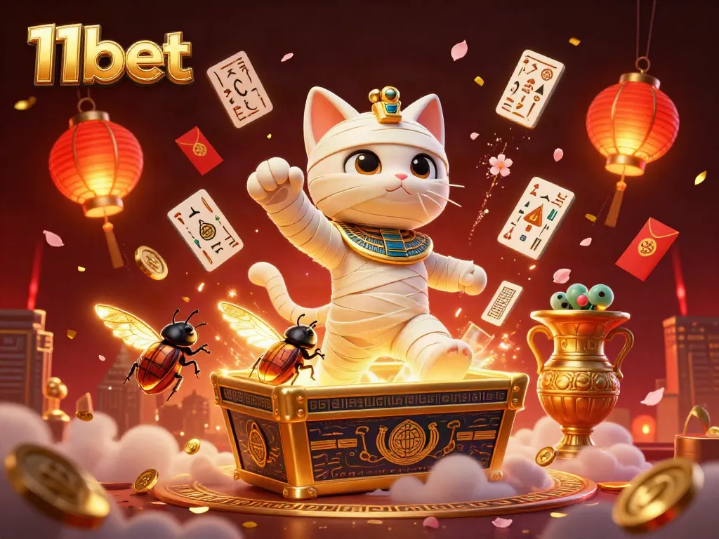 Bet and win at 11bet with a captivating Egyptian-themed casino illustration filled with elements of luck.
