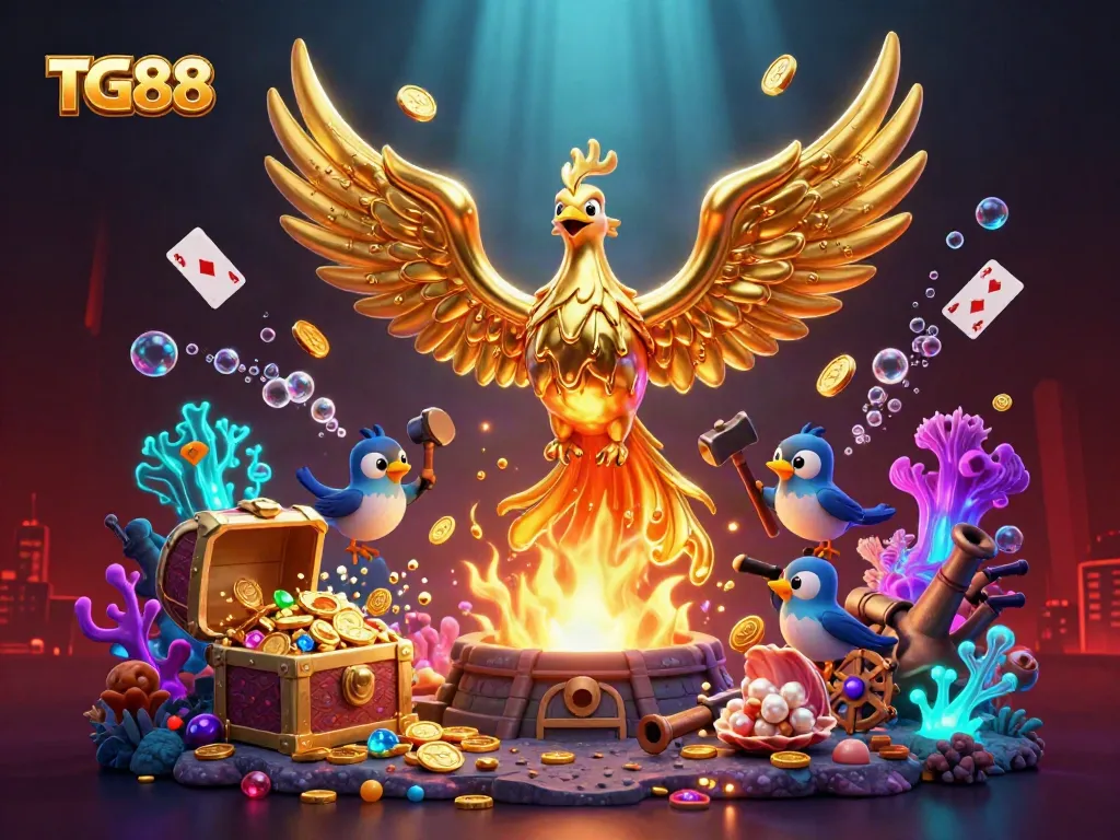 Experience the thrilling world of TG88 with a dynamic illustration featuring a molten golden phoenix and vibrant casino elements.