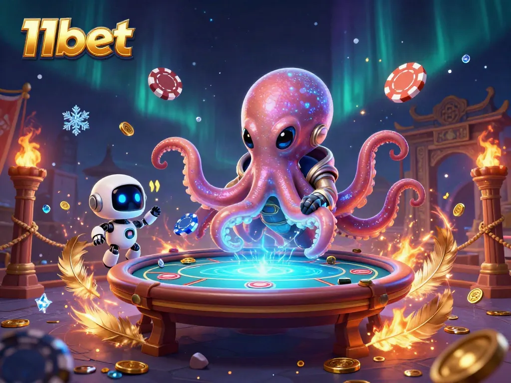 Experience thrilling gaming at 11bet with an alien octopus dealer at a holographic poker table.