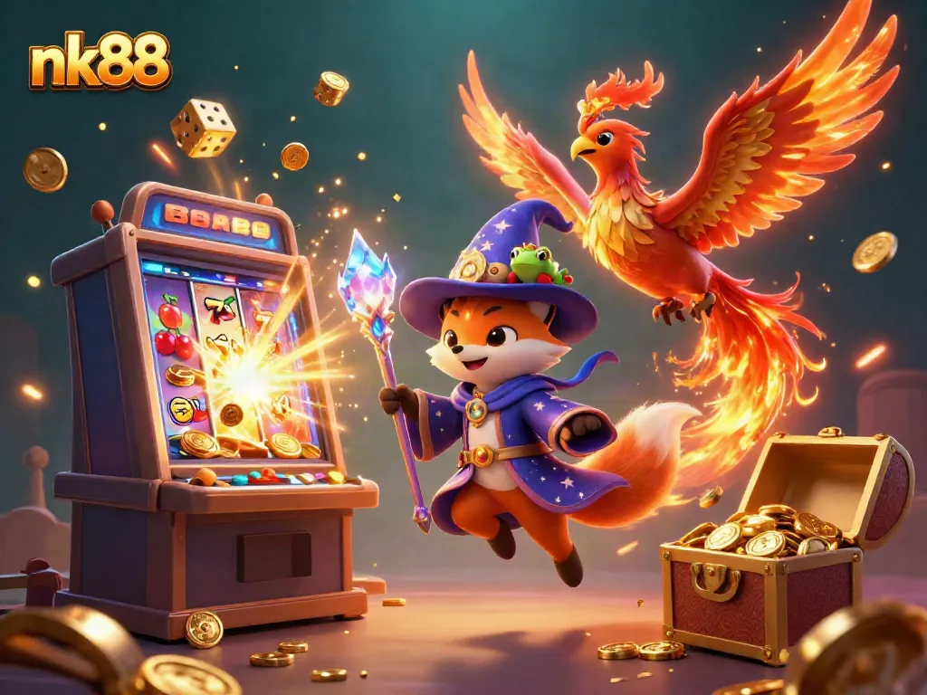 Experience thrilling wins at nk88 with a dynamic 3D illustration of casino magic and excitement.