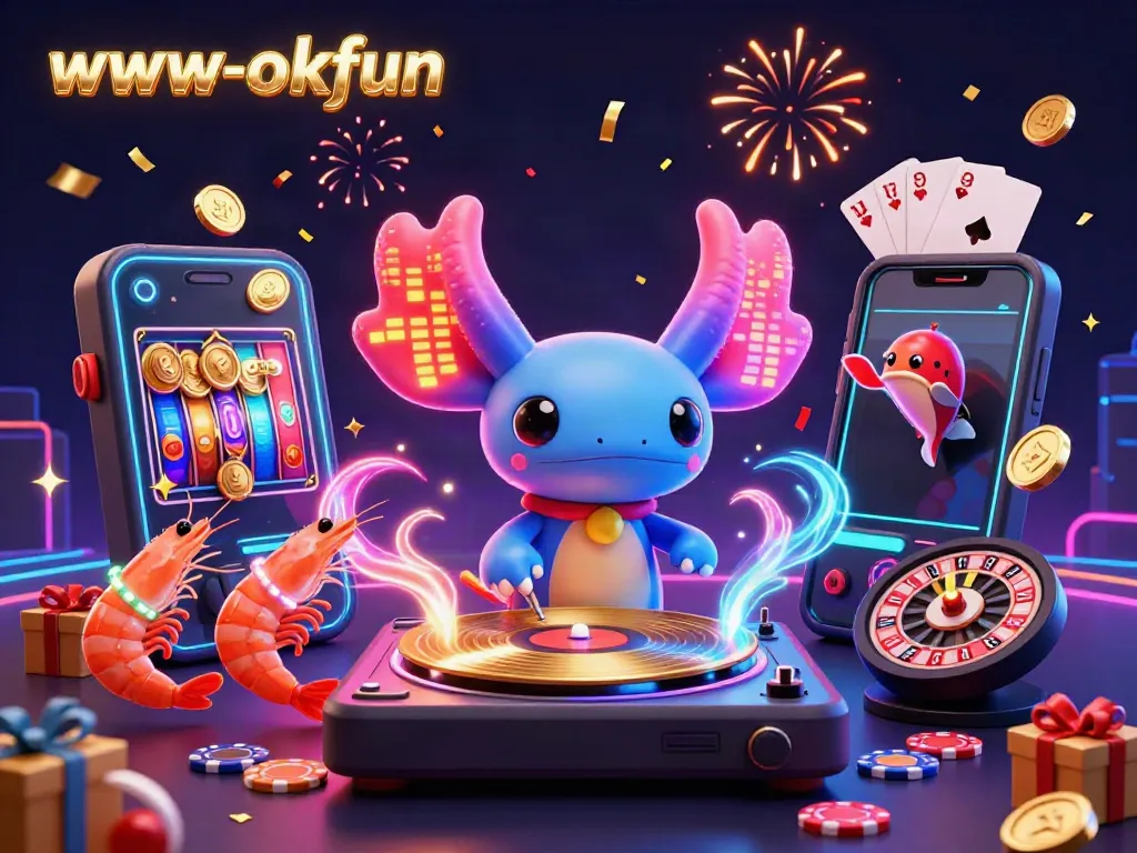Experience thrilling action at www-okfun with a neon axolotl DJ, winning slots, and colorful festivities.
