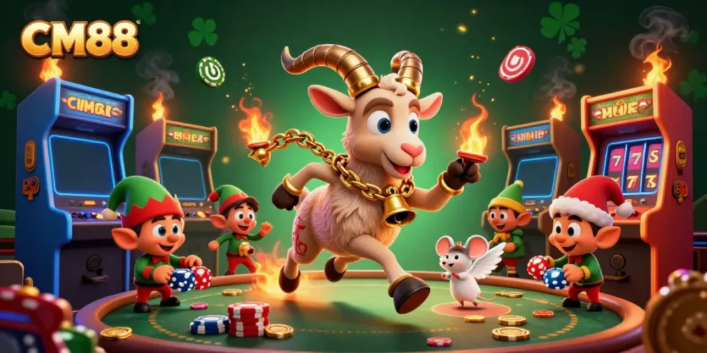 Experience the CM88 thrill with a festive casino scene featuring lively characters and game elements.