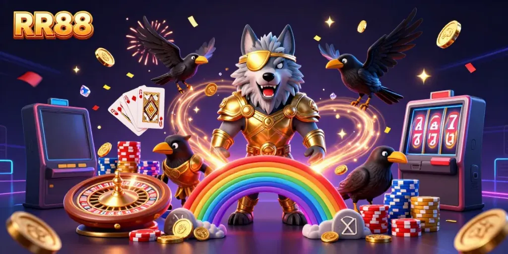 RR88 showcases a dynamic casino scene with Odin wolf and ravens surrounded by dazzling golden coins and game elements.