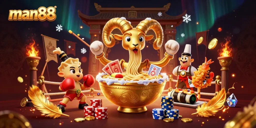Engage with the vibrant casino scene of man88 featuring animated characters and dynamic gaming elements.