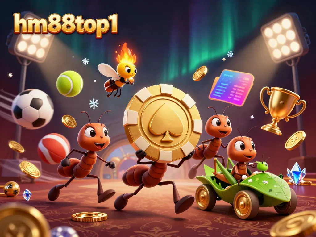 Engage with fun heists at hm88top1, featuring cartoon ants, sports elements, and vibrant casino visuals.