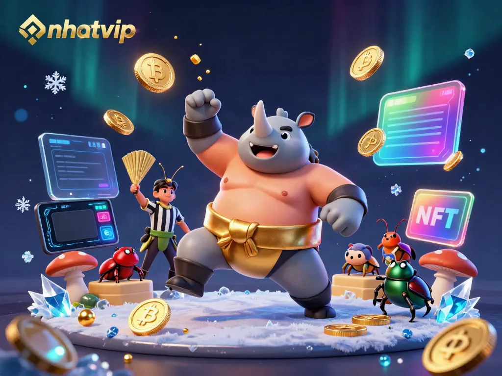 Nhatvip players enjoy the thrilling gameplay with a rhinoceros beetle sumo champion amidst glowing coins and crypto elements.