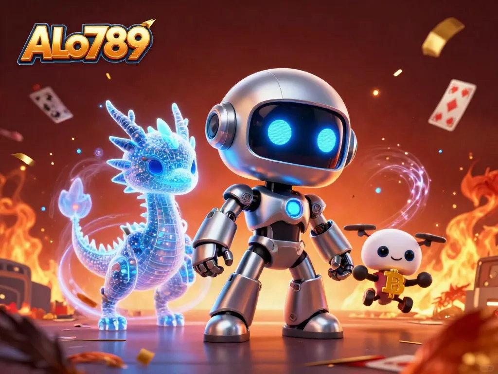 Engage with ALo789's thrilling cockfighting arena, featuring a vibrant 3D illustration of robot mascots and gameplay elements.