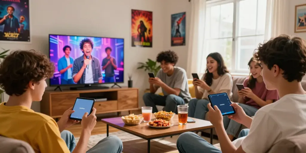 Teenagers enjoying CocoFlix app while streaming shows in a cozy living room.