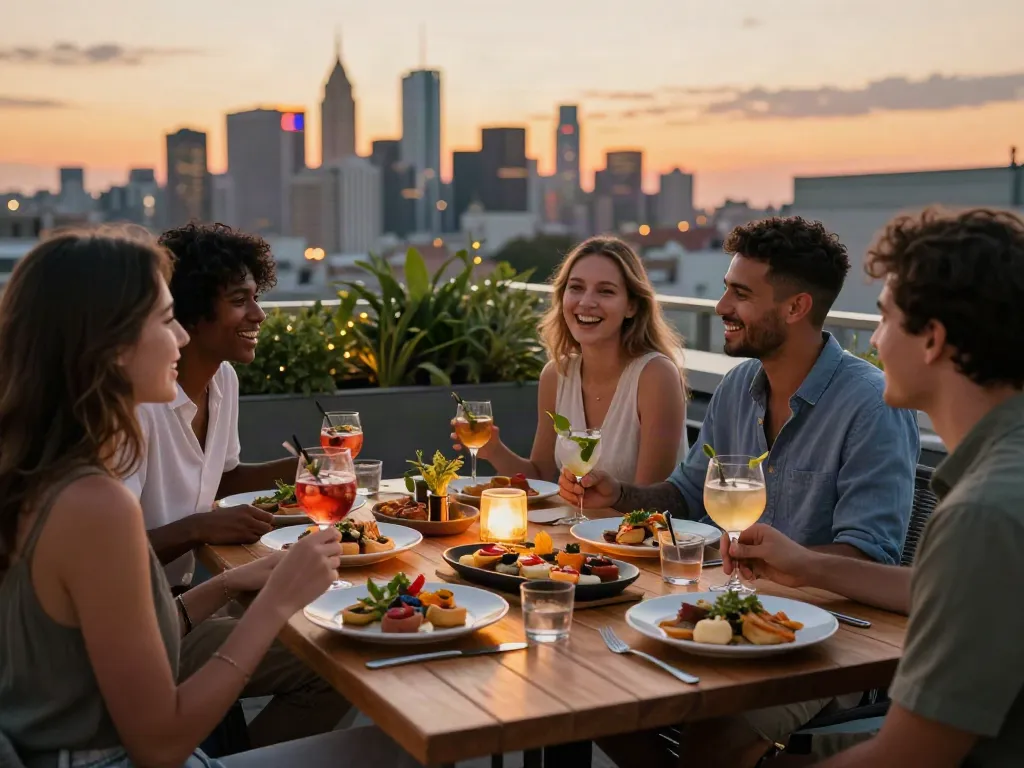 Diverse friends enjoying gourmet dishes at NoHu rooftop bar with city skyline views.