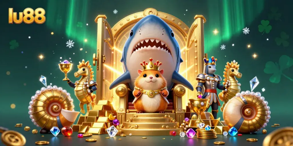 Experience thrilling games at lu88 with an ultra-detailed underwater scene featuring a golden hamster king and treasures.