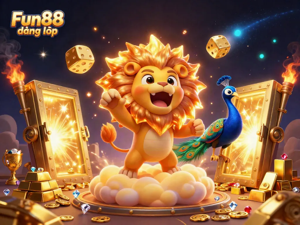 Fun88 đăng nhập scene showcasing exciting casino elements with a roaring lion, golden treasures, and dynamic atmosphere.