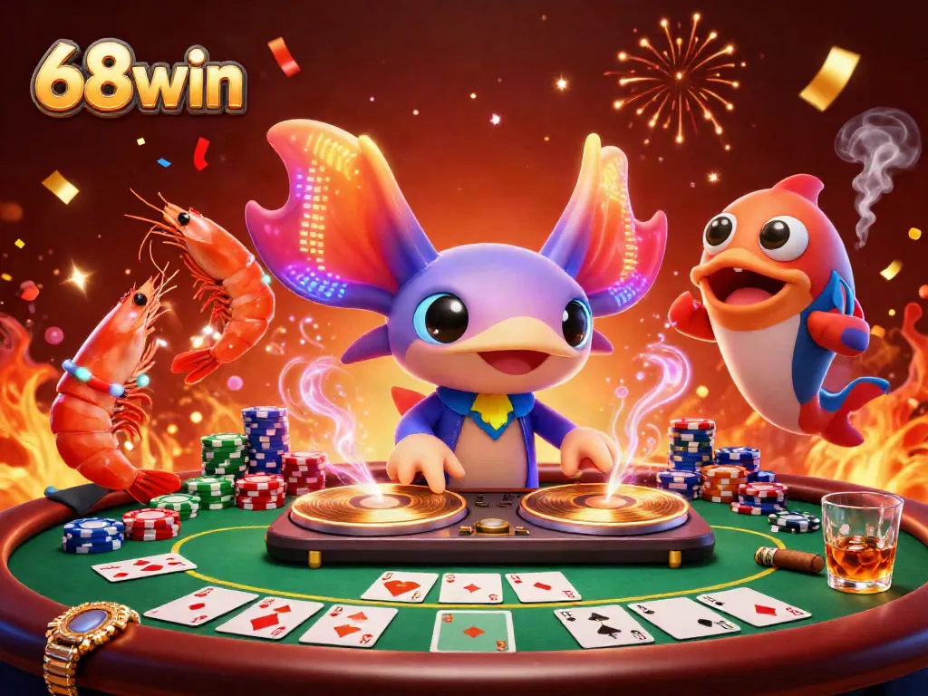 Experience thrilling gameplay with a neon axolotl DJ, poker chips, and confetti at 68win!