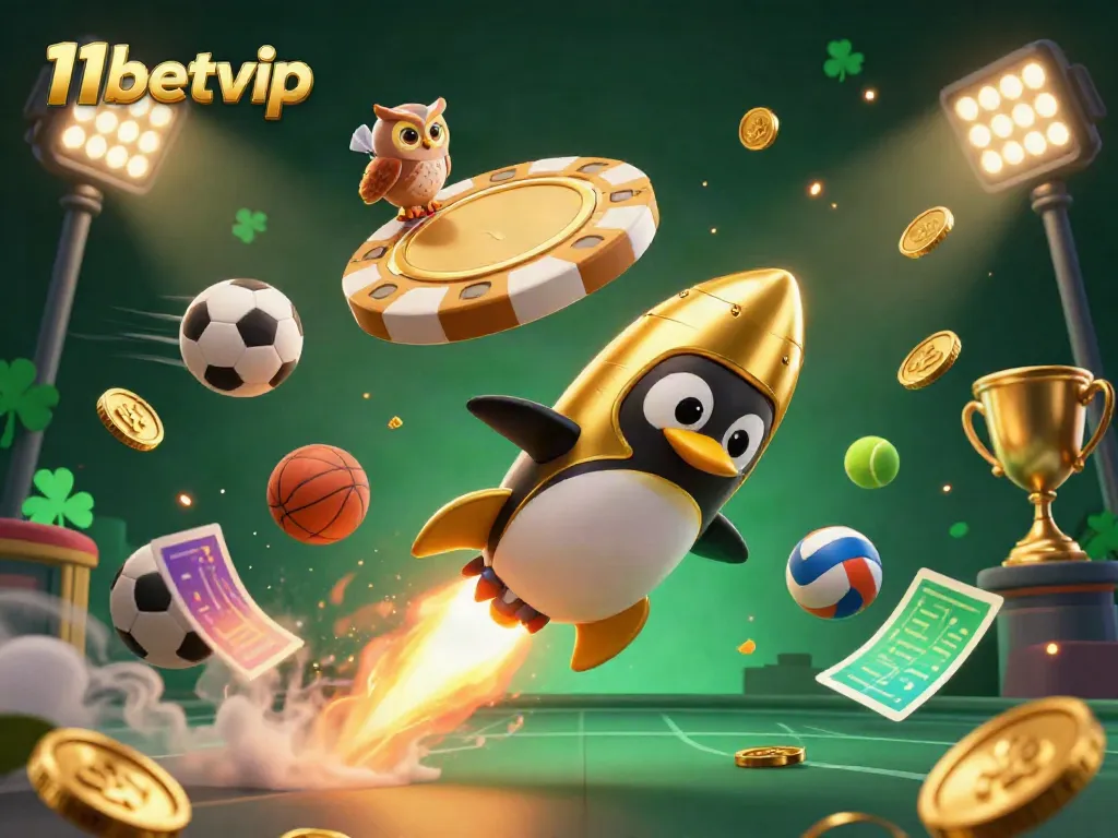 Experience betting excitement with 11betvip, featuring a golden penguin and casino elements in a vibrant 3D scene.