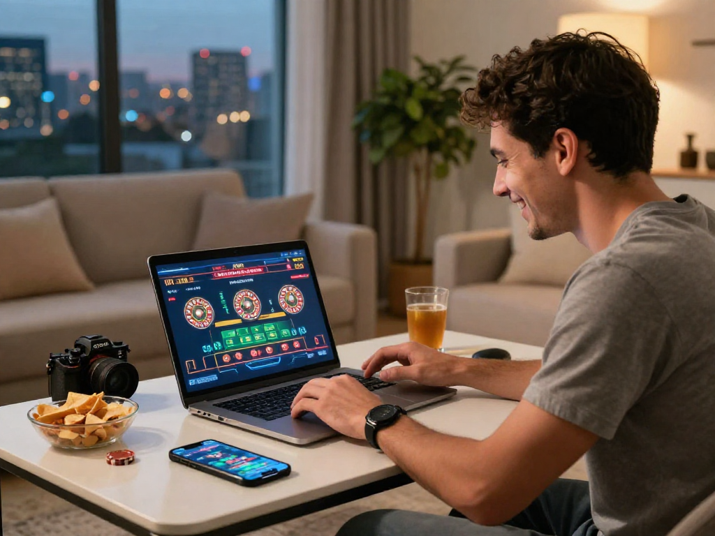 Giocatore sorridente che esplora i migliori casino non AAMS online in un ambiente moderno e accogliente.