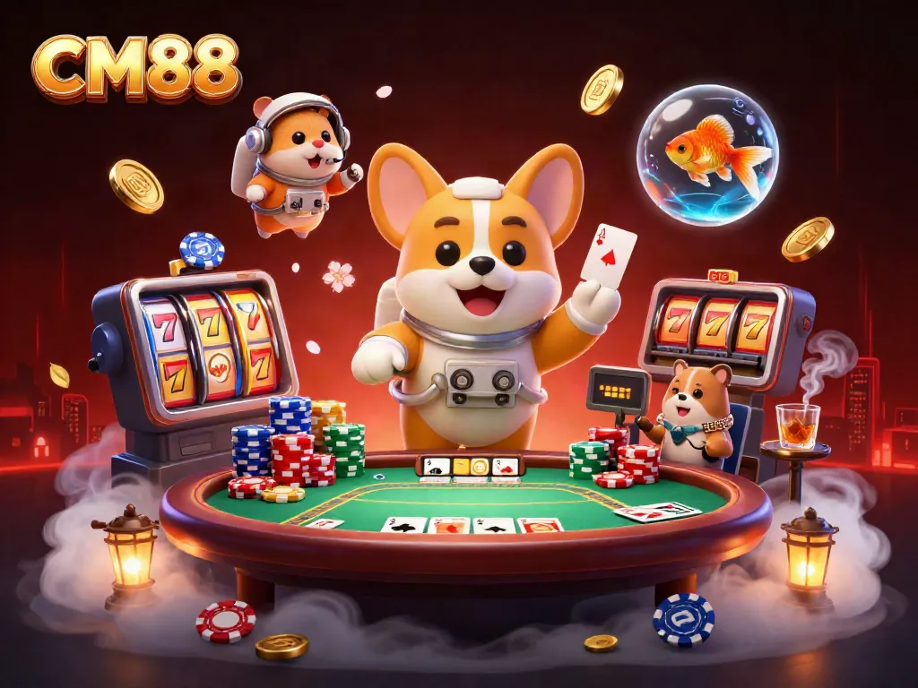 Engage with CM88's thrilling casino experience featuring dynamic slot reels and playful characters.
